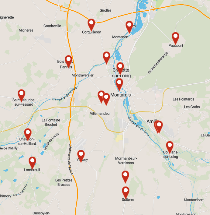 Carte des bornes pour rechargement de véhicules électriques sur l'AME - 2024